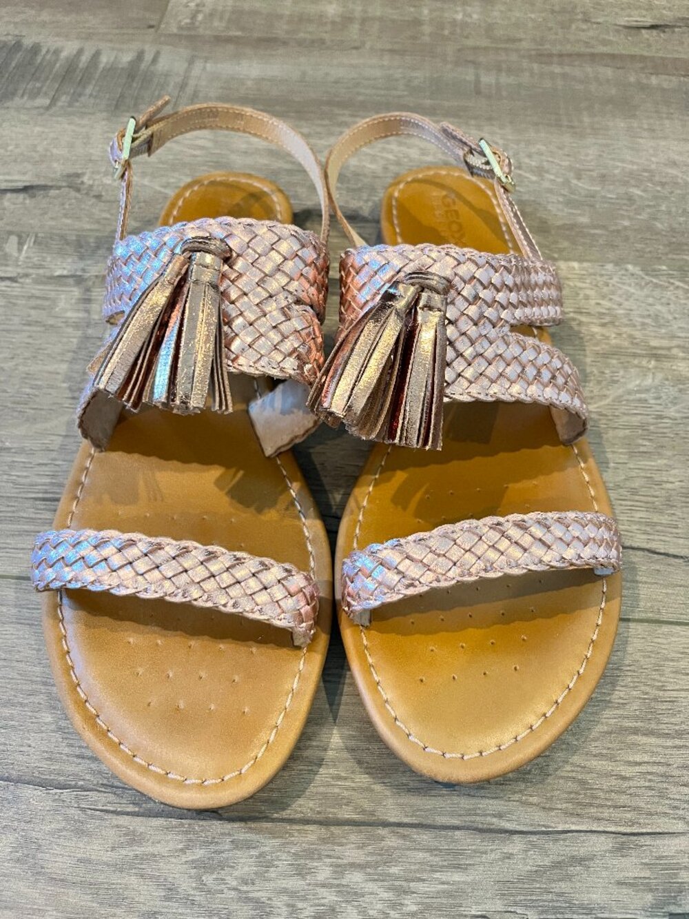 GEOX Rose Gold Metallic Braided Tassel Sandals
